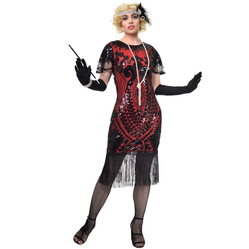 Fancy 1920s Red and Black Gatsby Dress Costume with Mesh Sleeves