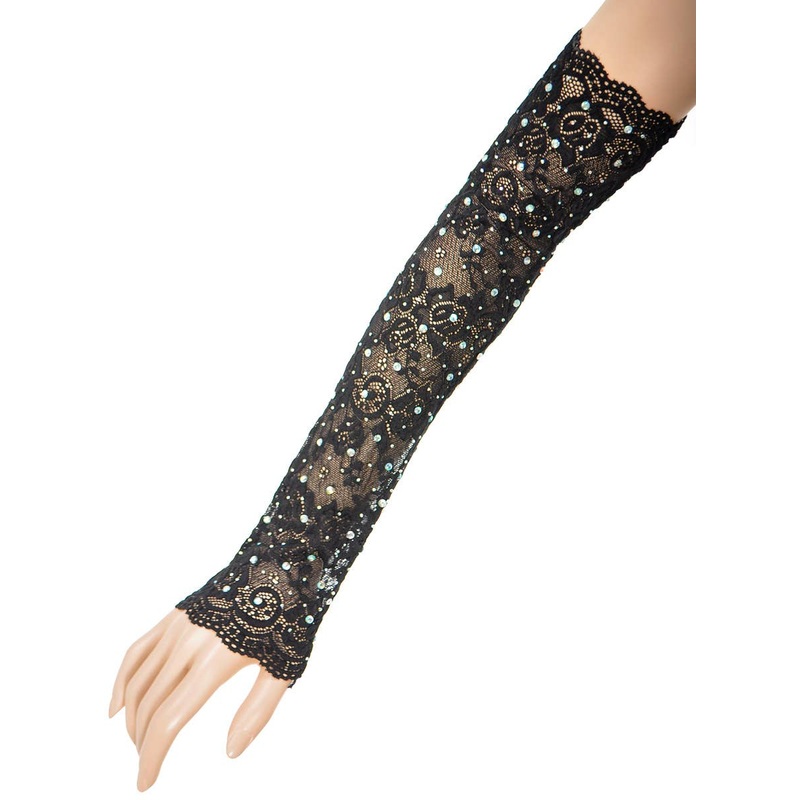 Long Black Lace Costume Gloves with Rhinestones
