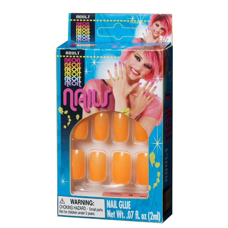 Neon Orange Womens 80s Stick On Finger Nails