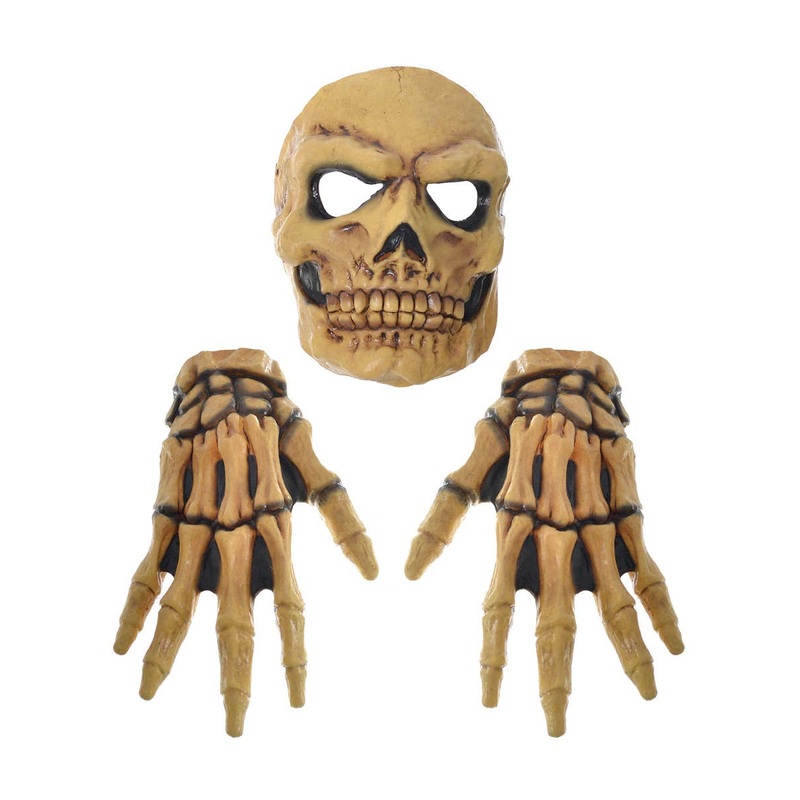 Old Skull Mask with Skeleton Hands Scary Halloween Set