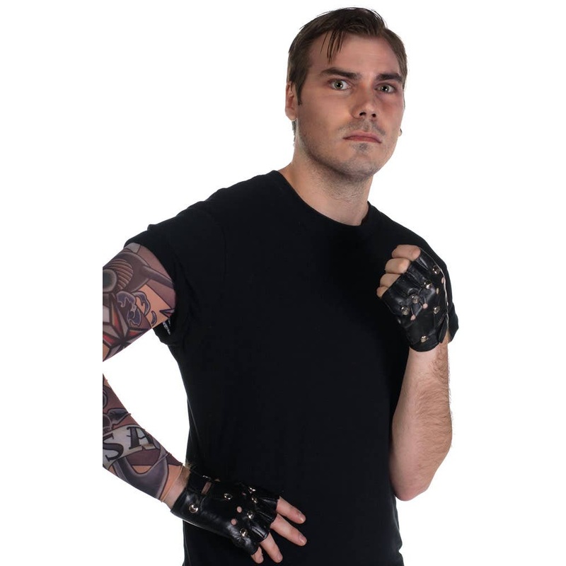 Punk Rocker Studded Black Leather Look Fingerless Gloves
