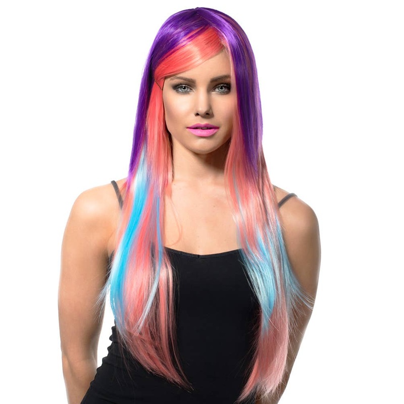 Deluxe Long Purple Pink and Blue Womens Costume Wig