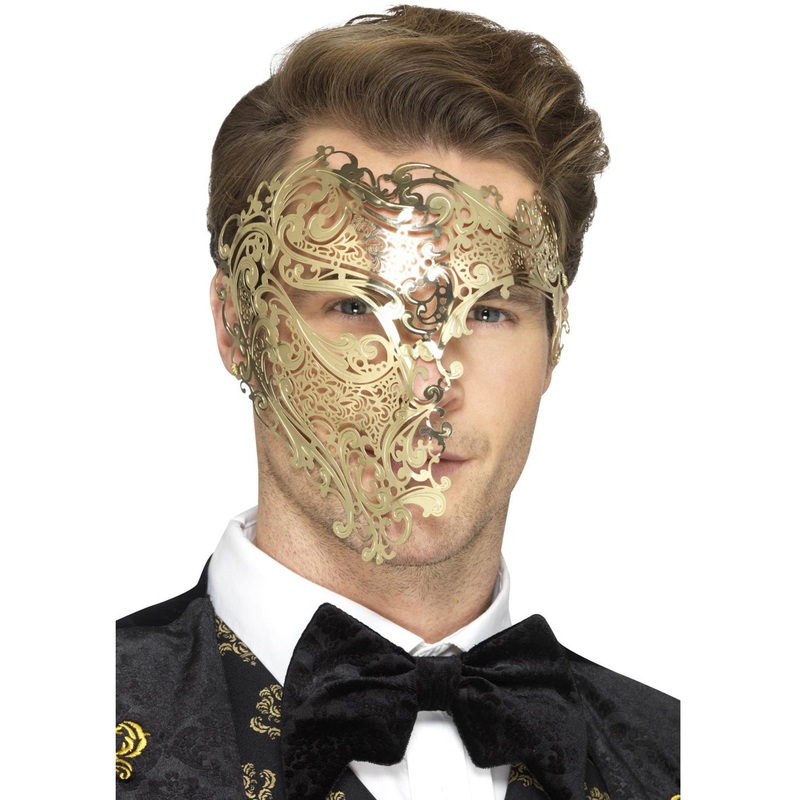 Half Face Mens Gold Metal Filigree Masquerade Mask