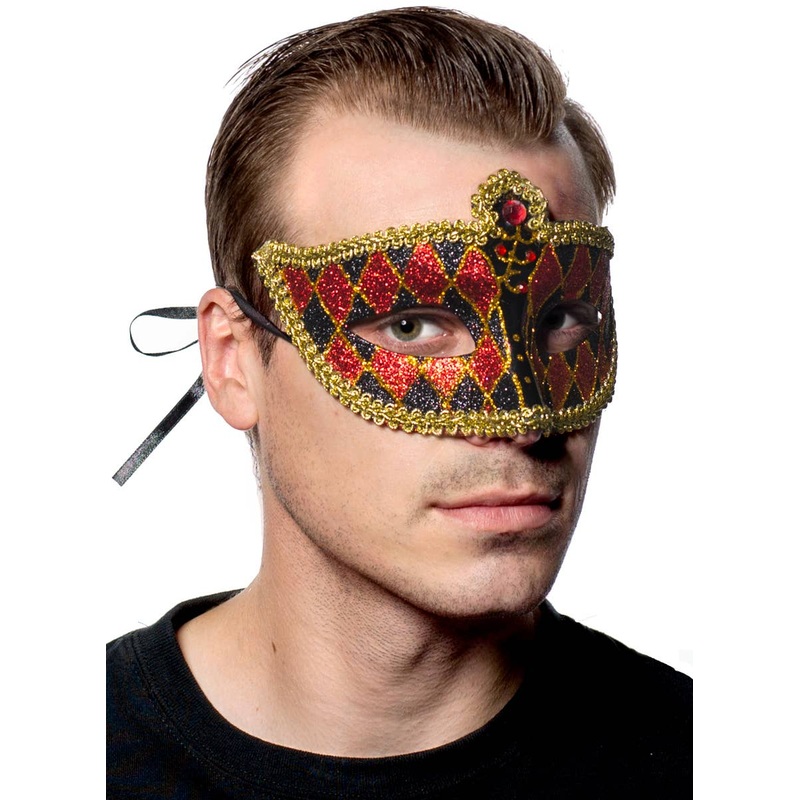 Harlequin Black and Red Glitter Venetian Masquerade Mask