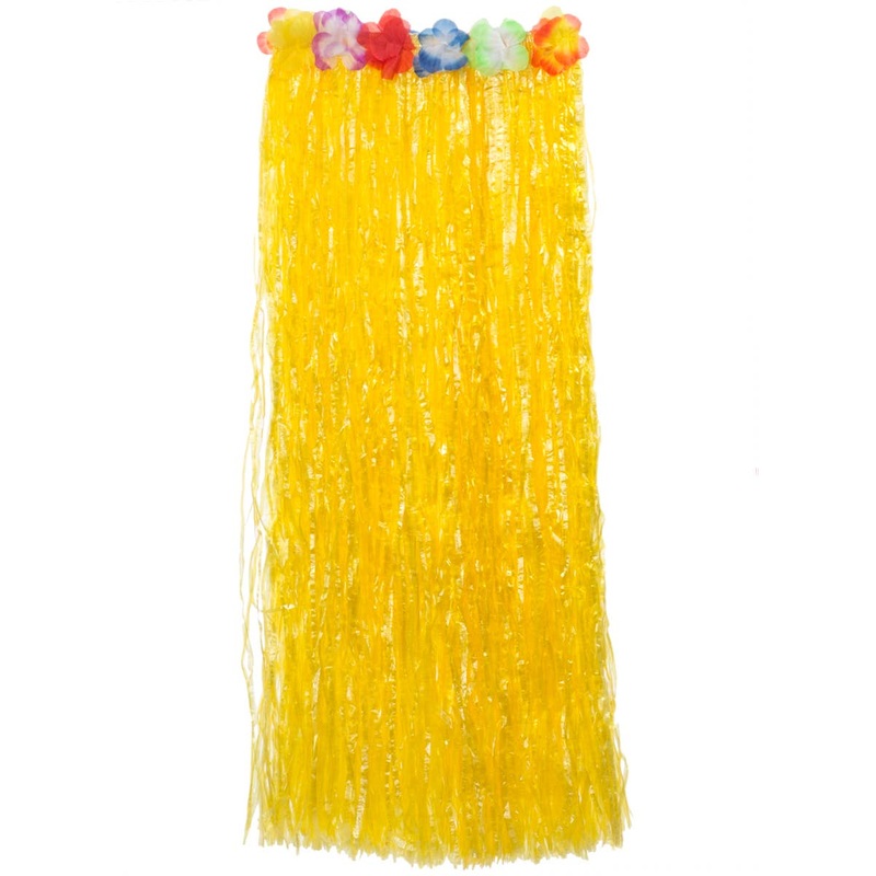 Long Yellow Hawaiian Grass Skirt with Rainbow Flowers