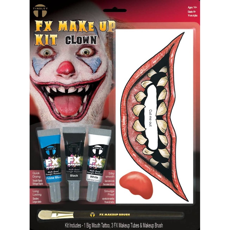 Evil Clown Big Mouth Tattoo, Brush and Face Paint Set