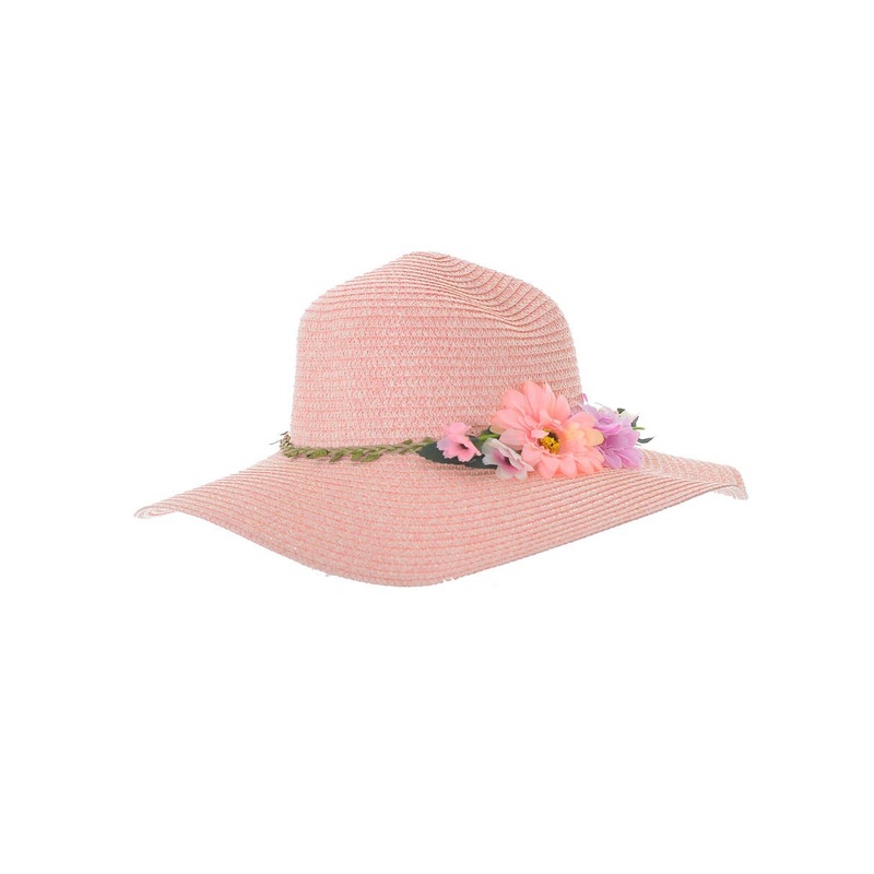 Floppy Salmon Pink Straw Costume Hat with Flowers