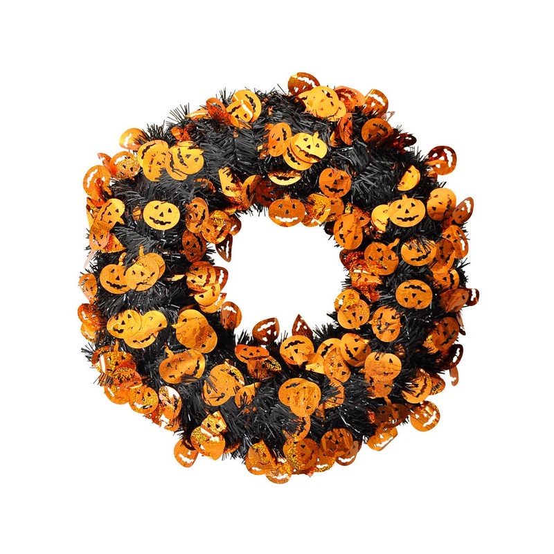 Large Black and Orange Tinsel Pumpkins Halloween Wreath