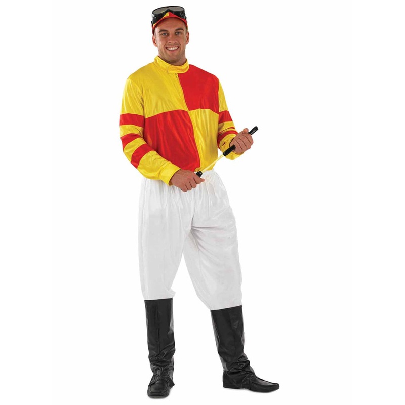 Cup Winning Plus Size Mens Red and Yellow Jockey Costume