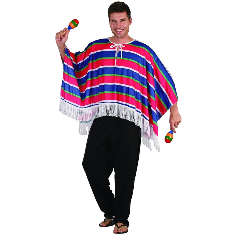 Mexican Red and Blue Striped Adults Costume Poncho