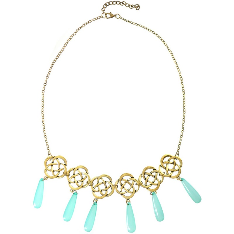 Celtic Brass Look Costume Necklace with Teal Stones