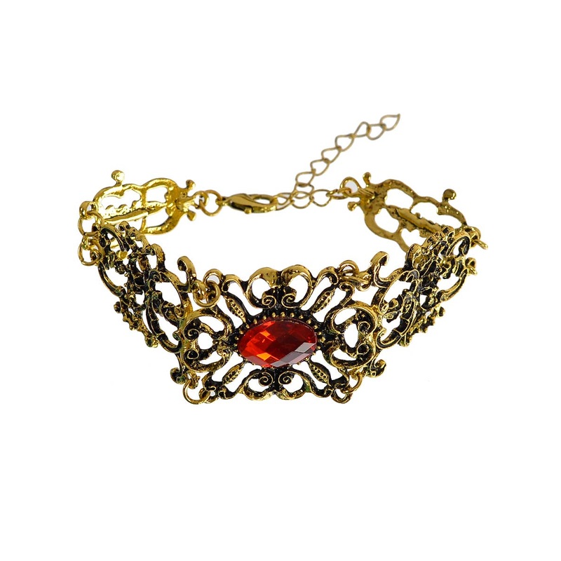 Delicate Brass Metal Costume Bracelet with Red Jewel