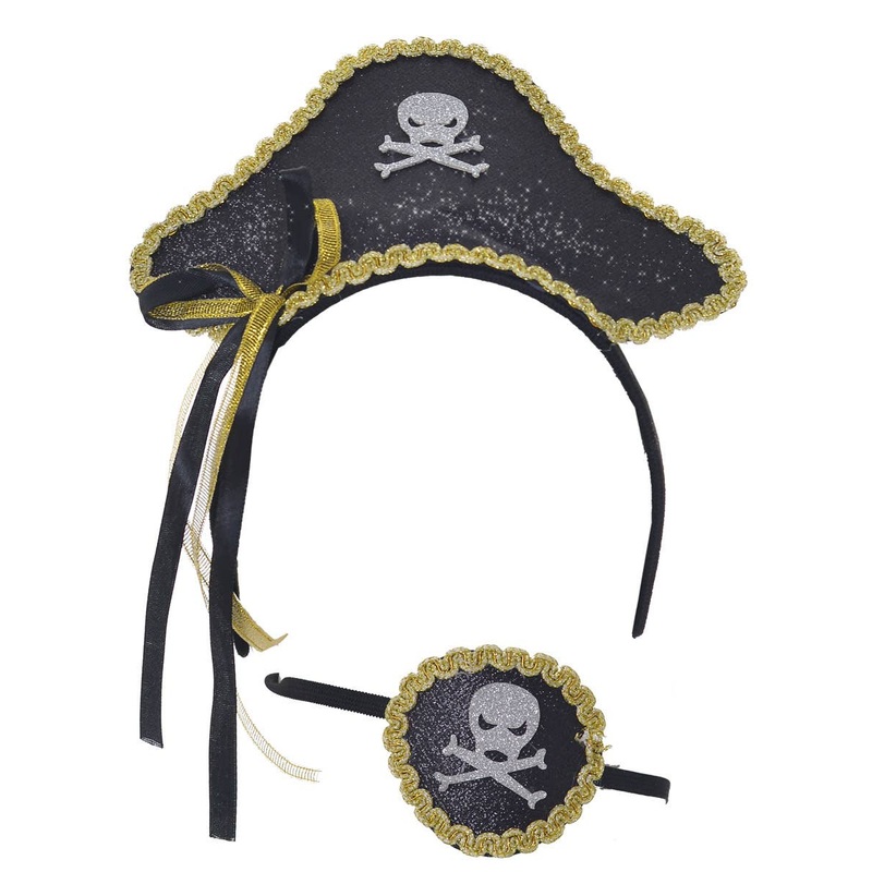 Glitter Pirate Headband and Eye Patch Gold and Black Set
