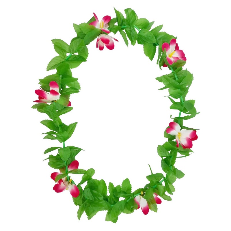 Hawaiian Pink Flower Costume Lei with Green Leaves
