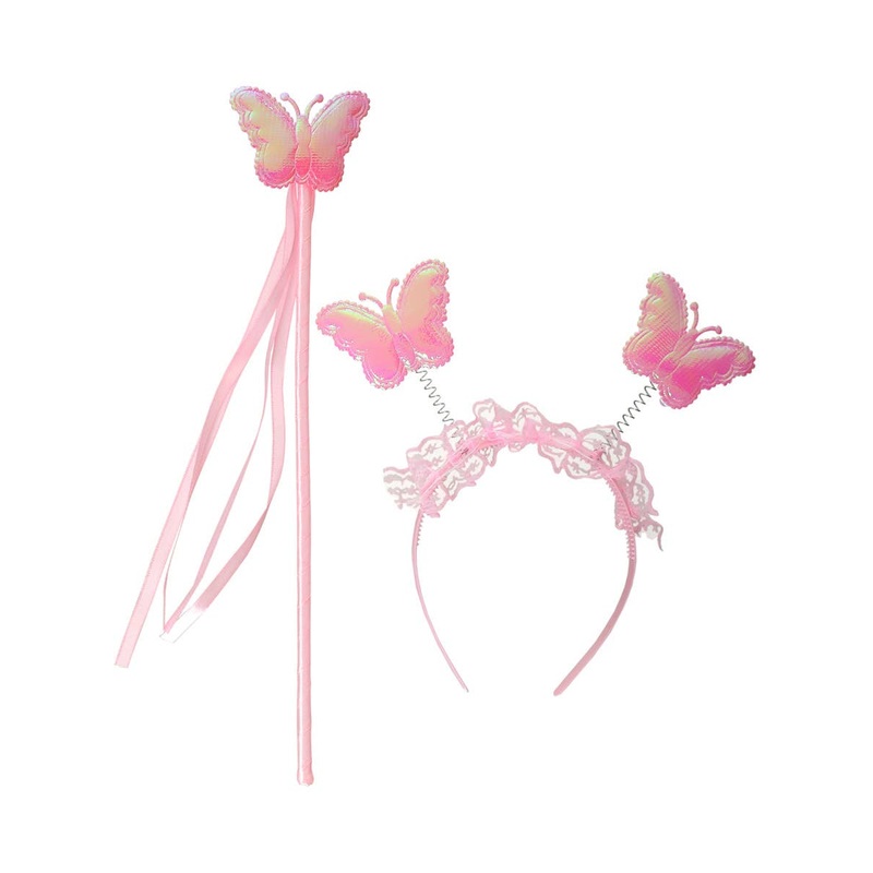 Iridescent Pink Girls Butterfly Wand and Headband Set