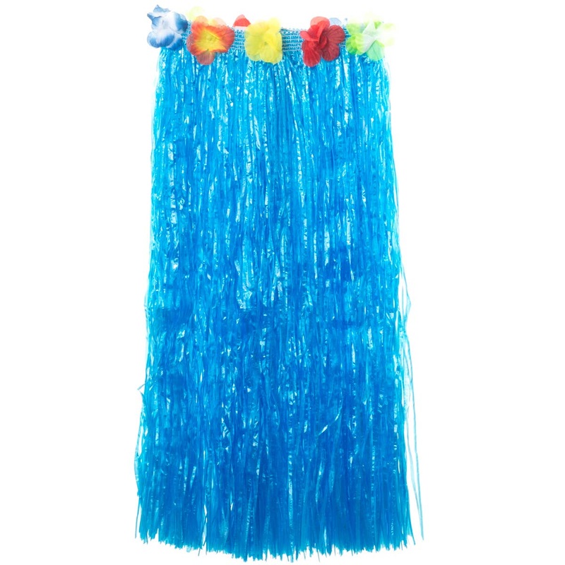 Long Blue Hawaiian Grass Skirt with Rainbow Flowers