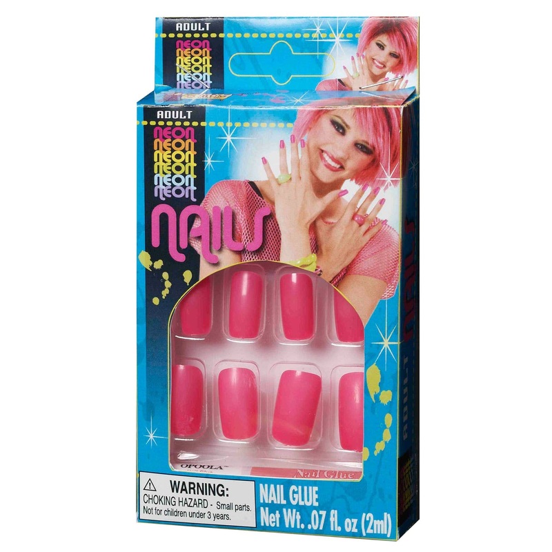 Neon Pink 80s Stick On Finger Nails Costume Accessory