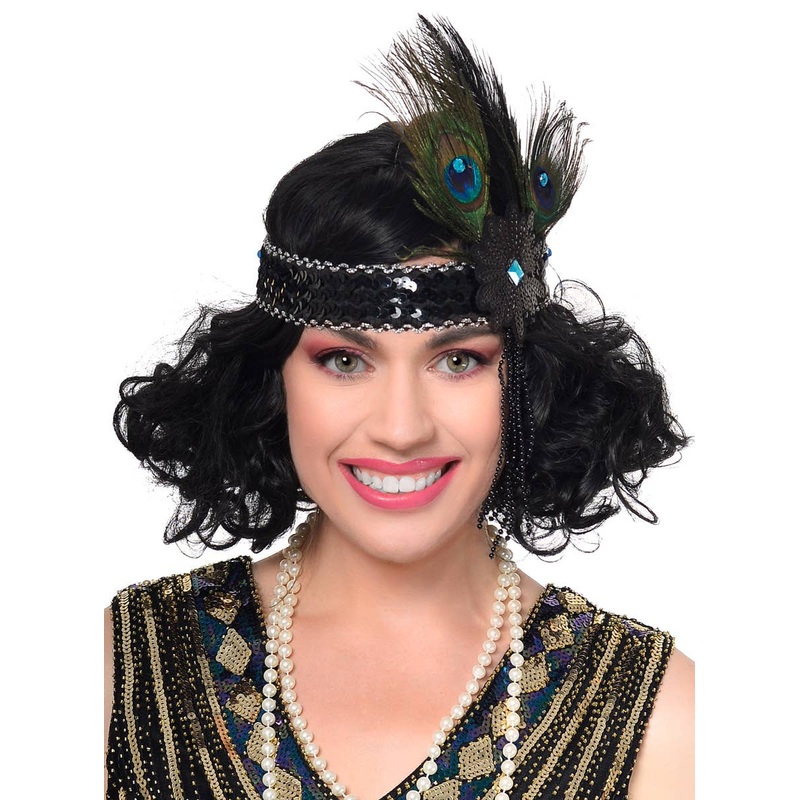 Sequinned Black 1920s Flapper Headband with Peacock Feather