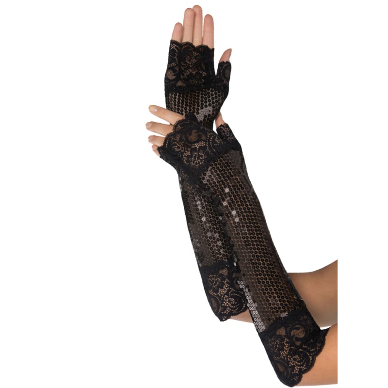 Sparkly Black Sequin and Lace Trim Fingerless Costume Gloves