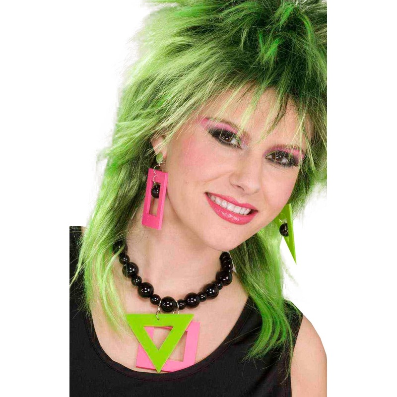 1980s Neon Pink And Green Geometric Shape Necklace and Earring Set