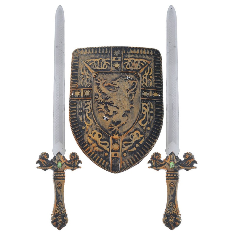 Bronze Medieval Knight Shield and Swords Weapon Set