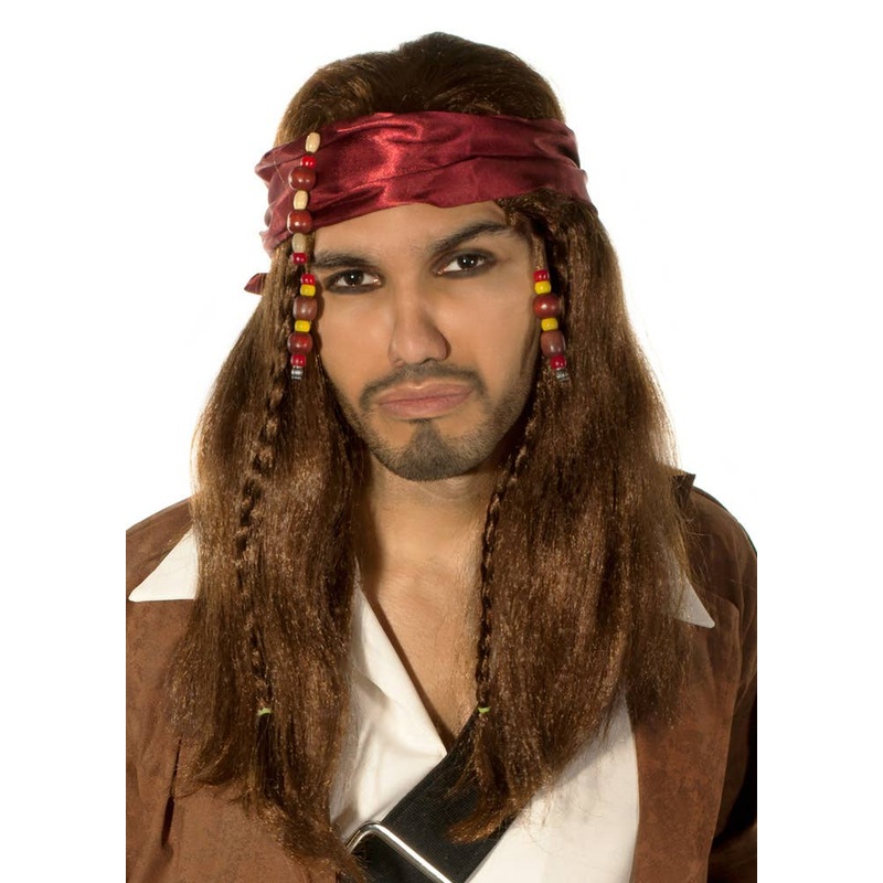 Caribbean Pirate Mens Long Brown Wig and Head Scarf