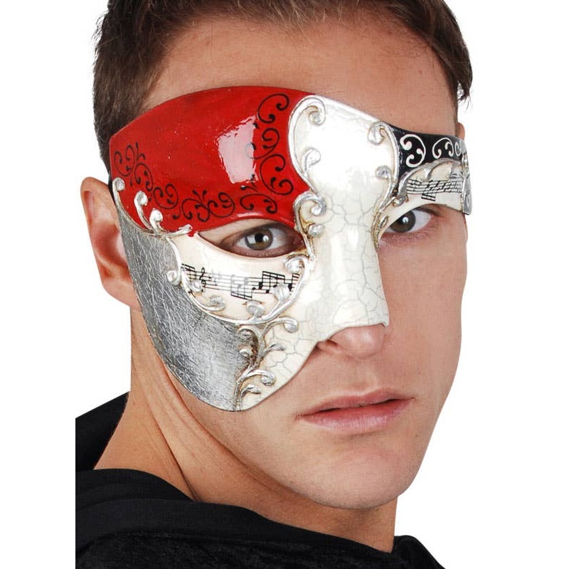Crackle Paint Mens Cream and Red Over Eye Masquerade Mask