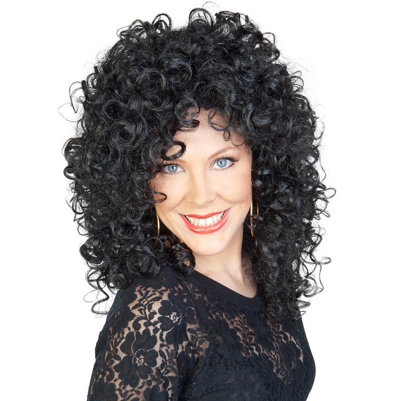 Curly Black 80s Singer Womens Costume Wig