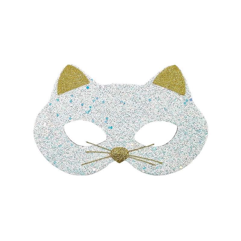 Dazzling White and Gold Glitter Cat Costume Mask