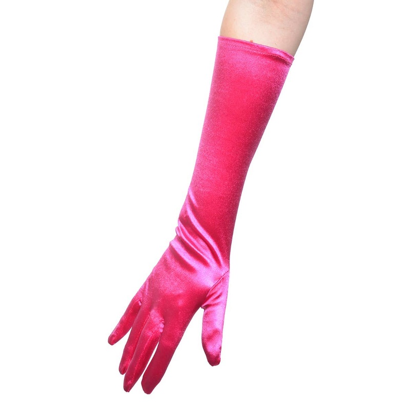 Hot Pink Satin Elbow Length Womens Costume Gloves