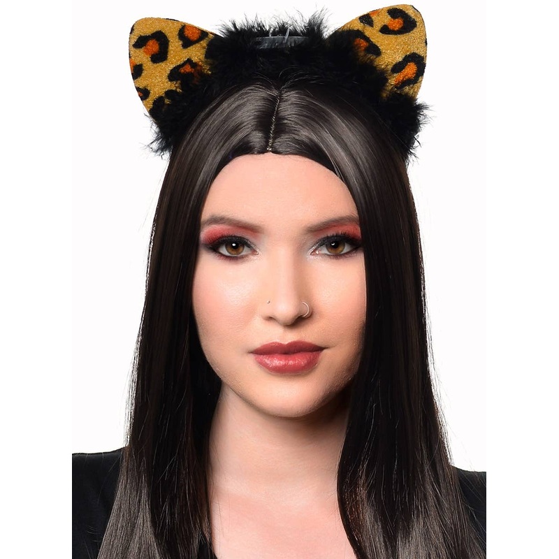 Light Up Brown Leopard Print Cat Ears with Black Feather Trim