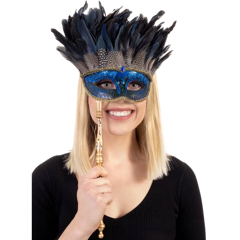Mystery Blue Feather Masquerade Mask with Handle