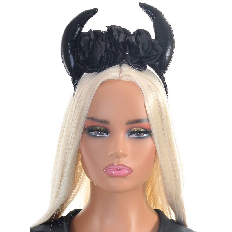 Plush Black Wet Look Devil Horns Headband With Roses