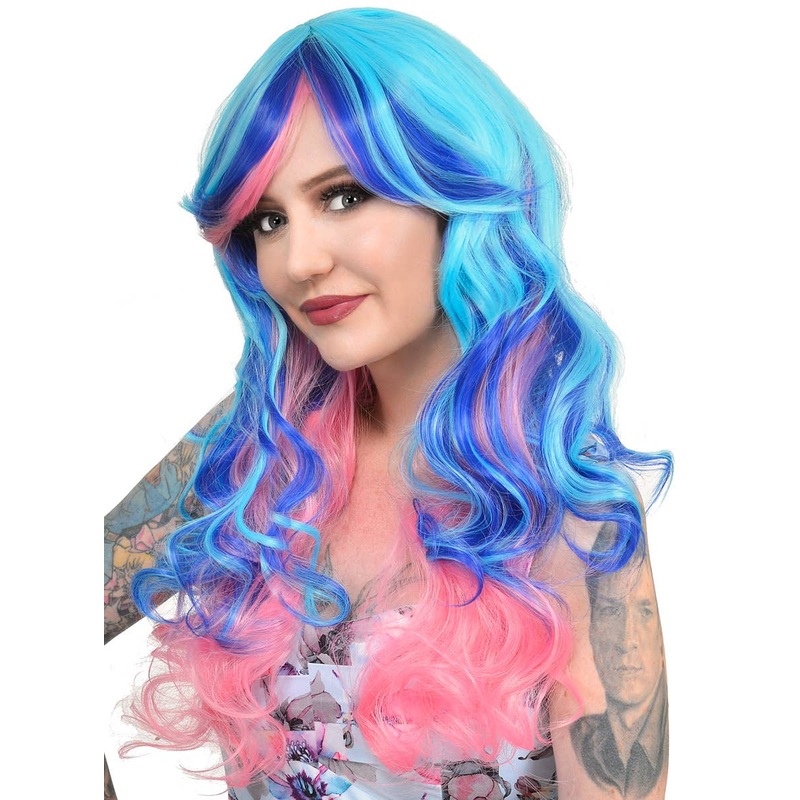 Skye Pink and Blue Long Curly Womens Costume Wig