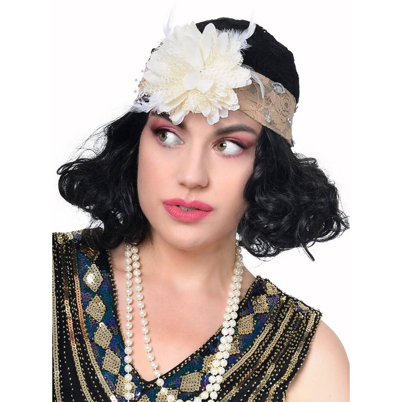 1920s Gatsby Black and Beige Lace Hat with Cream Flower