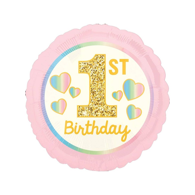 1st Birthday Girl Print Pink and Gold 45cm Round Foil Balloon