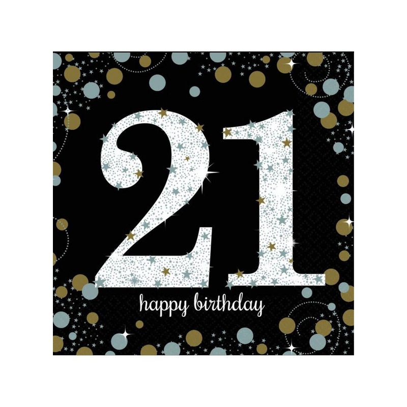 21st Birthday Black and Gold 16 Pack Lunch Napkins