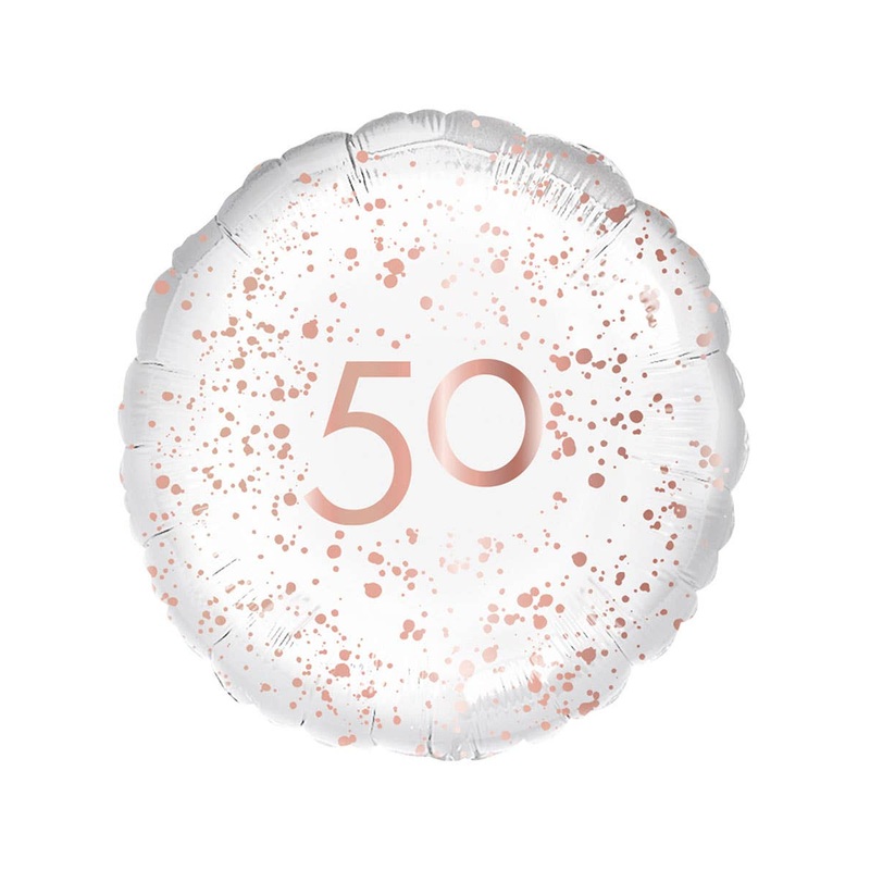 50th Birthday Print Rose Gold and White 45cm Round Foil Balloon