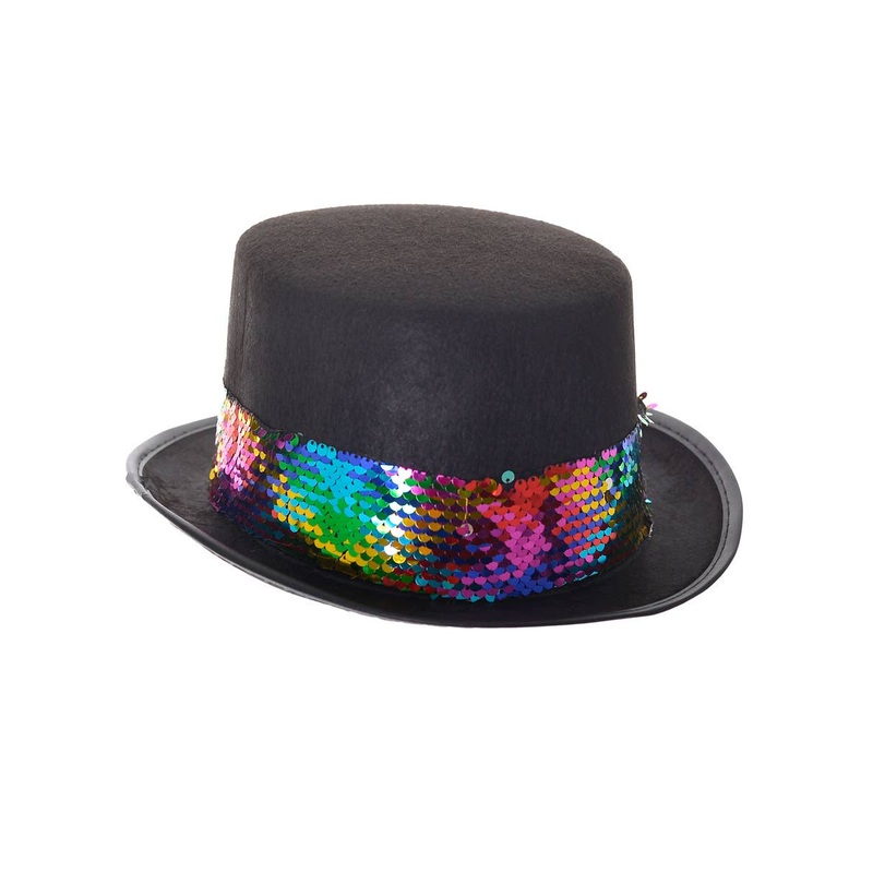 Fancy Black Costume Top Hat with Rainbow Sequin Band