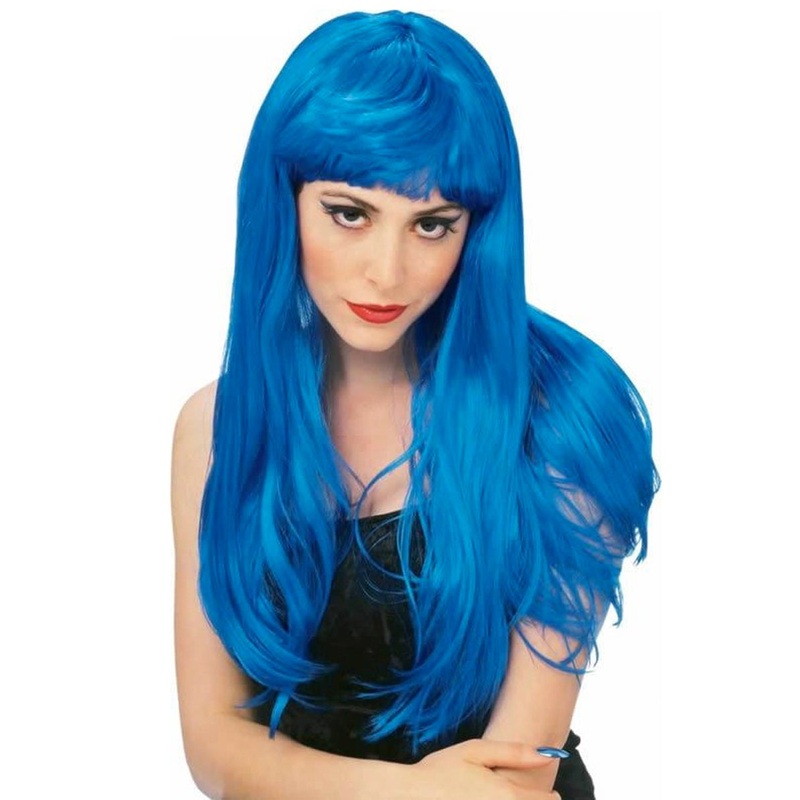 Glamour Womens Long Blue Costume Wig With Fringe