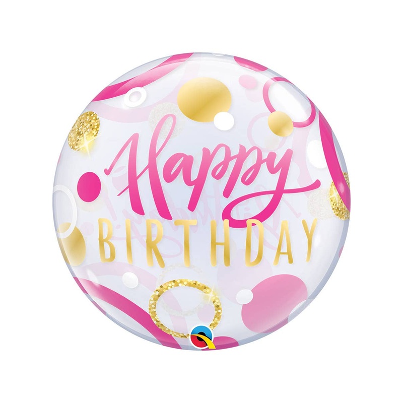 Happy Birthday Pink And Gold Dots 55cm Clear Bubble Balloon