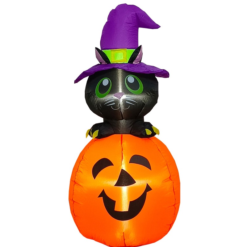 Inflatable 4 Foot Tall Black Cat And Pumpkin Halloween Lawn Decoration