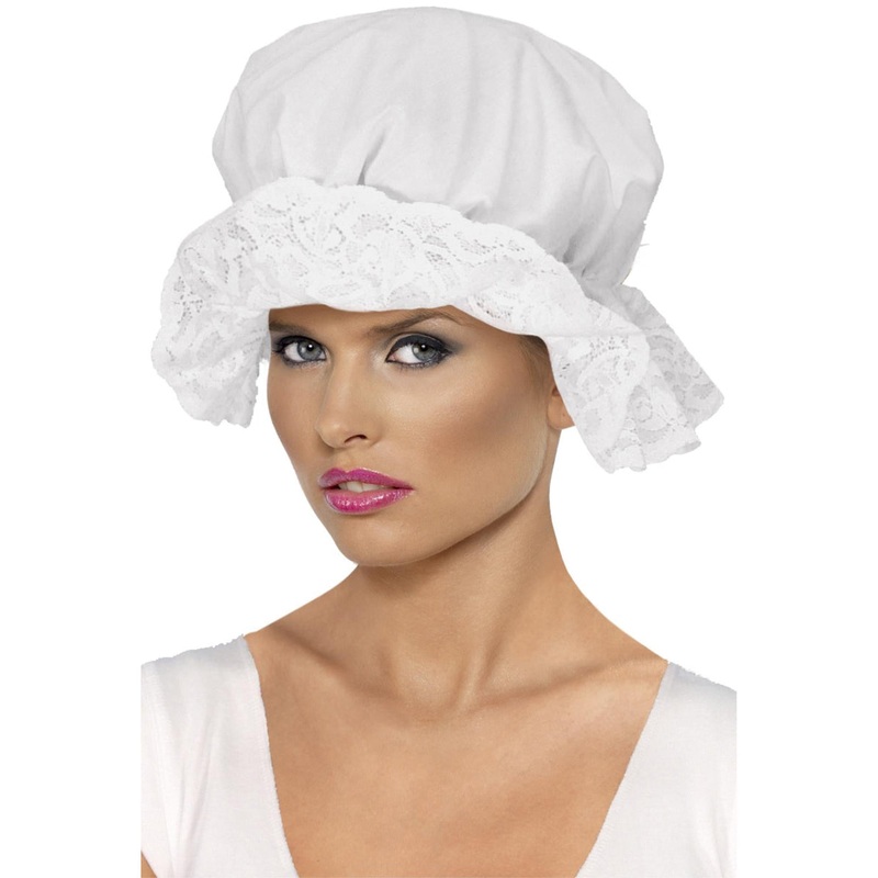 Lace Trim White Mop Cap Costume Hat
