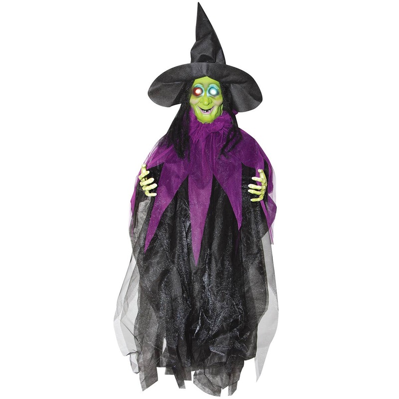 Light Up Hanging Green and Purple 3 Foot Witch with Sound Halloween Decoration