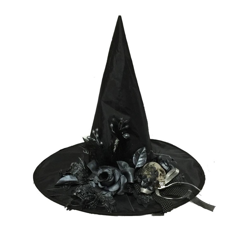 Luxurious Black Witch Hat with Rose and Skull Embellishments
