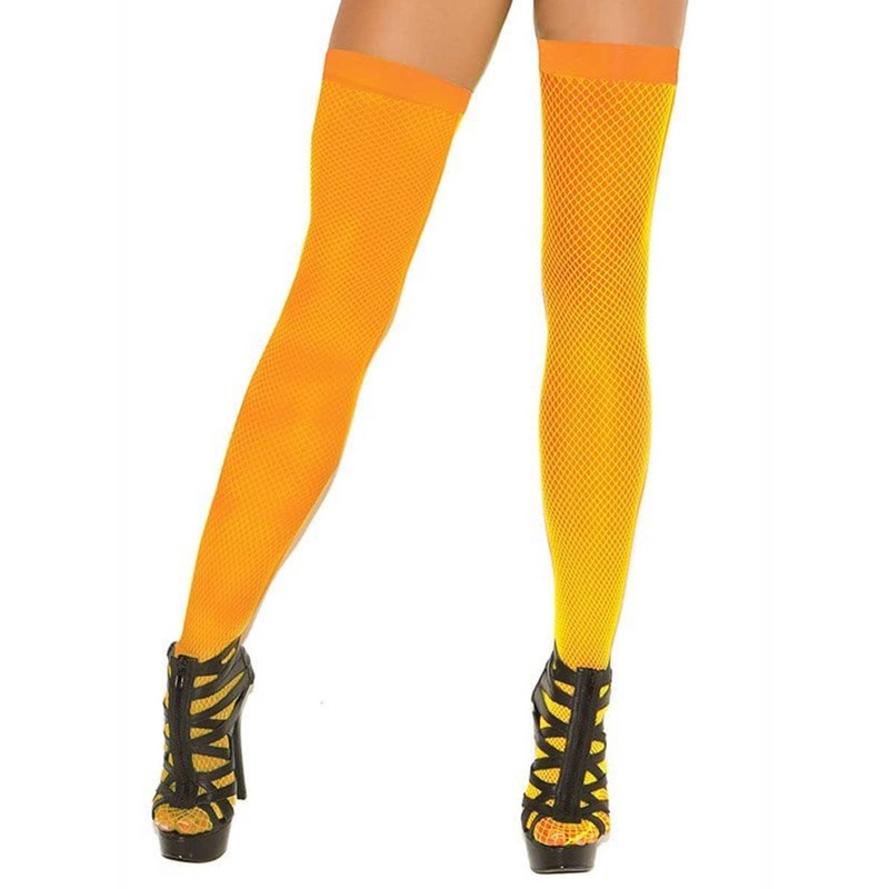 Plain Top Neon Orange Fishnet Thigh High Stockings
