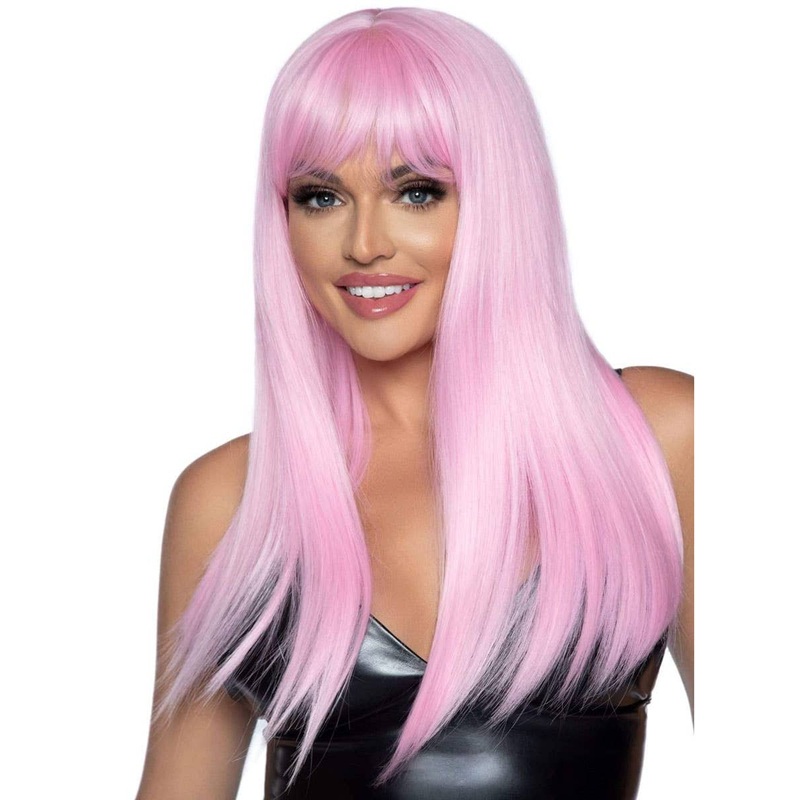 Sleek Light Pink Womens Long Straight Costume Wig with Fringe