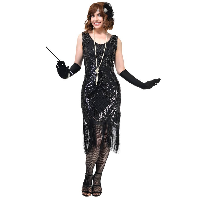 1920s Black Plus Size Gatsby Dress Costume with Sequins and Beads
