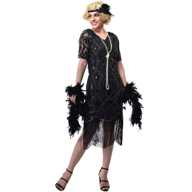 1920s Plus Size Womens Black Sequin Gatsby Dress with Short Sleeves