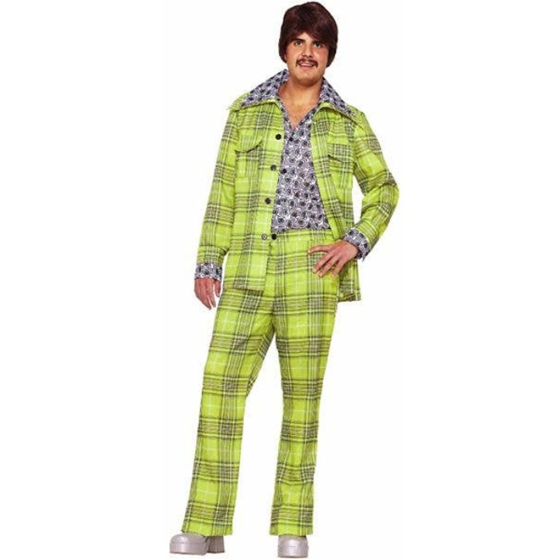 70s Retro Mens Green Plaid Leisure Suit Costume